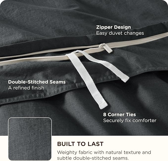 Bedsure Cotton Duvet Cover Queen - Luxury Slub Weave 100% Cotton Duvet Cover with a Linen Like Textured, Easy Change Durable Bedding, Charcoal, 90" x 90"