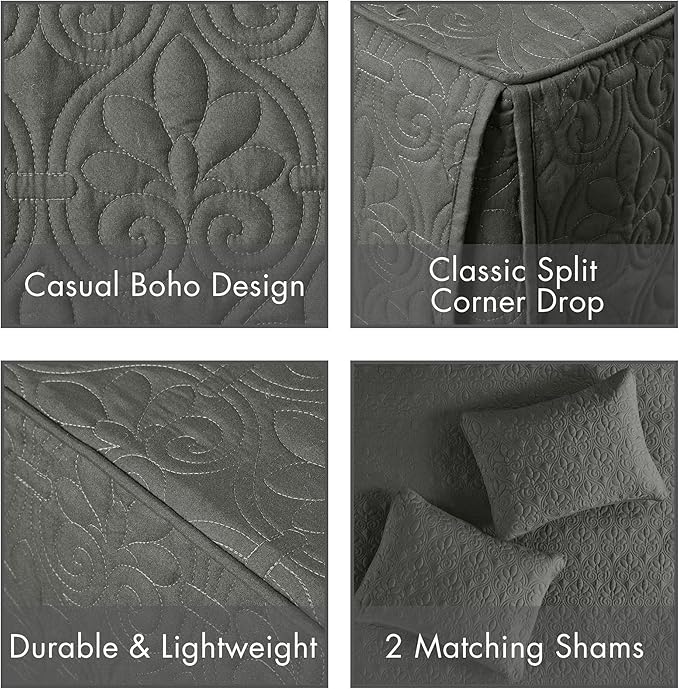 Madison Park Quebec Split Corner Quilted Bedspread Classic Traditional Design All Season, Lightweight, Bedding Set, Matching Shams, Queen (60" x 80" + 24"D), Damask Quilted Dark Grey 3 Piece