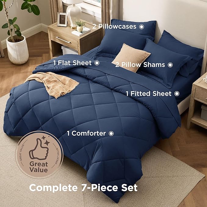 Bedsure 7 Pieces Queen Comforter Set Premium Series, Hotel Luxury Soft Bed in a Bag, Goose Down Alternative, Safe for Sensitive Skin Bedding Comforter All Season Medium Warmth, Navy Blue Queen Size