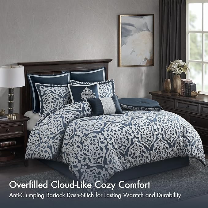 Madison Park Odette Cozy Comforter Set Jacquard Damask Medallion Design - Modern All Season, Down Alternative Bedding, Shams, Decorative Pillows, Cal King(104 in x 92 in), Navy 8 Piece