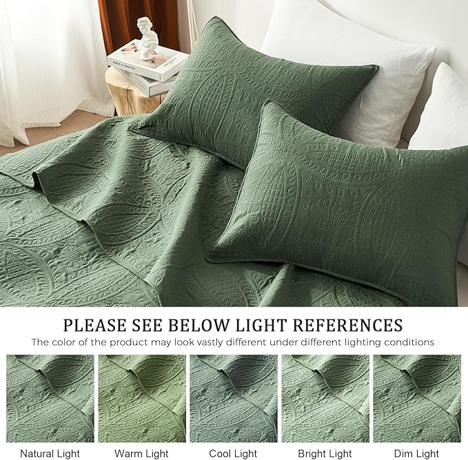 akkialla King Quilt Bedding Set,Olive Green Ultrasonic King/Cal King Quilt Set,Lightweight Soft Bedspread Coverlet,Modern Style Coin Pattern Bed Cover for All Seasons,3 Piece(1 Quilt,2 Pillow Shams)