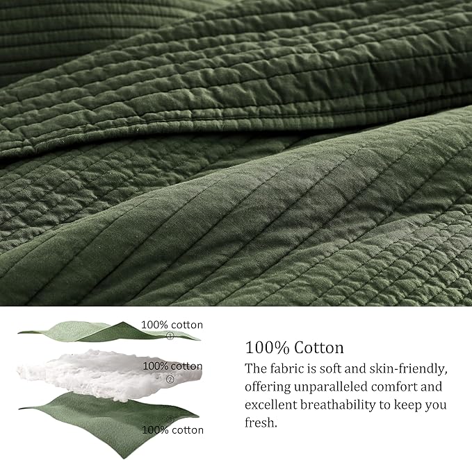 palassio Striped Olive Green 100% Cotton Quilt Queen Size Bedding Sets, Lightweight Crinkly Channel Pick Stitch Textured Bedspread Soft Shabby Chic Farmhouse Country Coverlet for All Season, 2 Shams