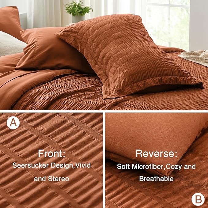 Love's cabin Seersucker Terracotta California King Comforter Set, 7-Piece All Season Lightweight Bed in a Bag Bedding Set with Comforter, Flat Sheet, Fitted Sheet, Pillowcases and Shams | Soft, Breathable, Lightweight