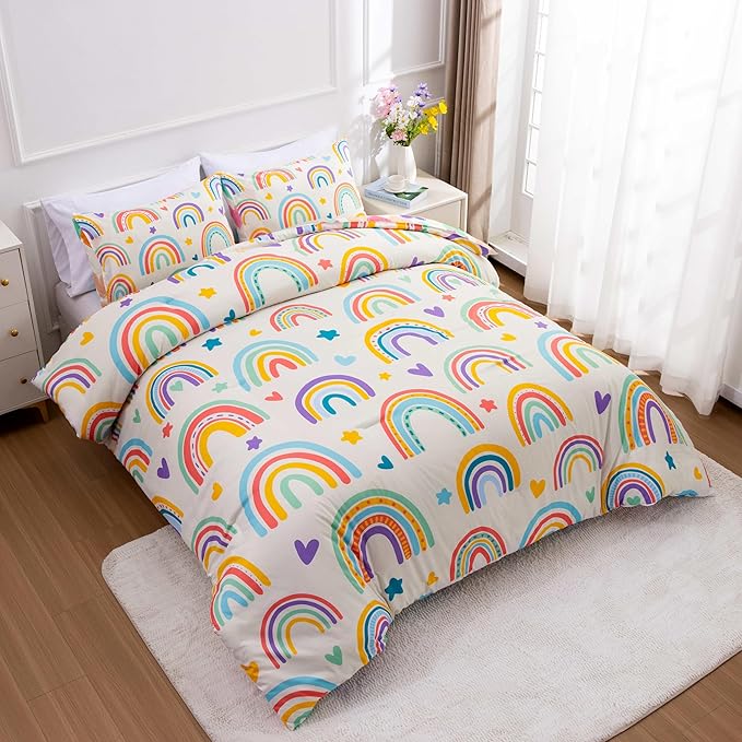 Btargot 3 Piece Kids Rainbow Comforter Set with 2 Pillow Covers, Cartoon Love Hearts Suns and Stars Bedding Set for Girls Boys, Full Beige