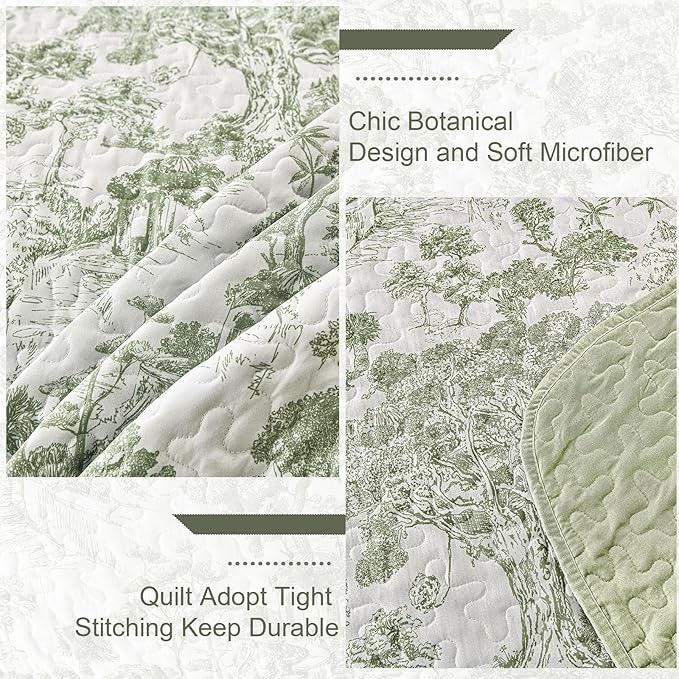 WONGS BEDDING Botanical Quilt Set Queen Size, Sage Green 3 Pieces Toile Floral Plants Printed Bedspread Bedding Set Soft Lightweight Microfiber Coverlet Set for All Season (96"x90")