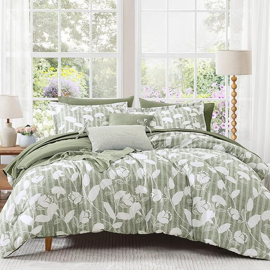 Twin XL Comforter Set -5 Pieces Floral Sage Green Bedding Set for All Seasons, Bed in a Bag with Botanical Flowers Comforter, Sheets, Pillowcase & Sham