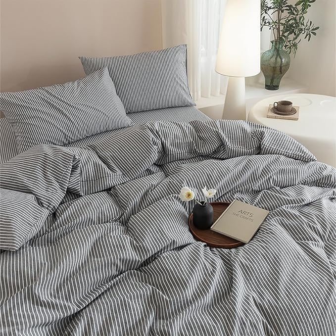 JIYUAN 100% Washed Cotton Striped Duvet Cover Set 3 Pieces Queen, 1 Duvet Cover and 2 Pillowcases(Comforter Not Included),Linen Like Comfy and Breathable,Pinstripes - Dark Grey White
