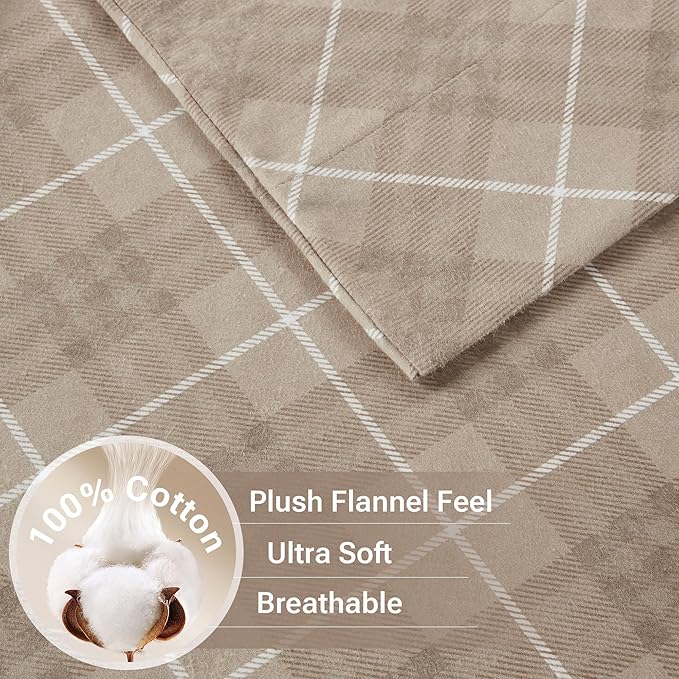 True North by Sleep Philosophy Cozy Flannel Warm 100% Cotton Sheet - Novelty Print Animals Stars Cute Ultra Soft Cold Weather Bedding Set, Twin XL, Tan Plaid 3 Piece