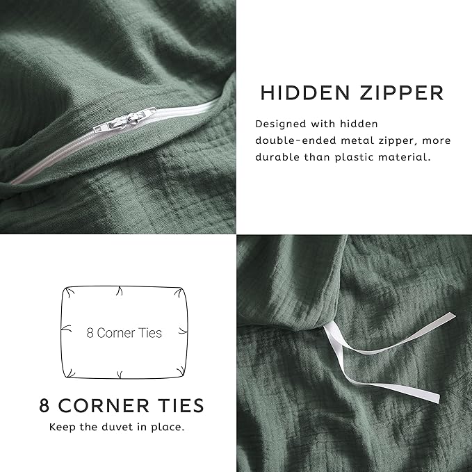 SE SOFTEXLY Muslin Duvet Cover California King Size, 100% Washed Cotton Duvet Cover Set, Ultra Soft Comforter Cover Linen Like, 3 Pieces Gauze Duvet Cover with 2 Pillowcases, 98"x104", Forest Green