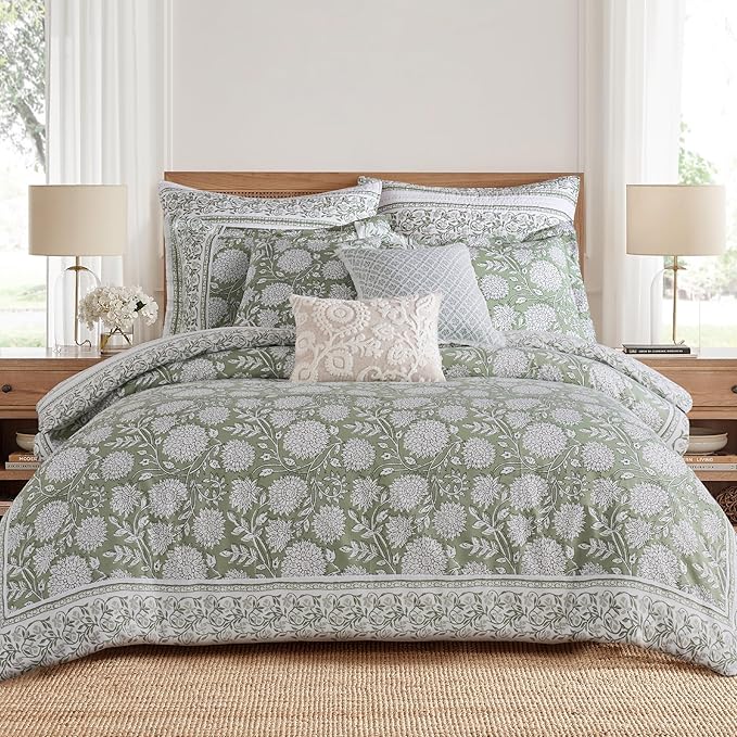 Levtex Home Adare Sage Reversible Queen Duvet Cover Set (90x94in) with 2 Pillow Shams (26x20in) - Floral Bedding - Sage and White - 100% Cotton Queen Size Duvet Cover Set - Soft, Pre-Washed
