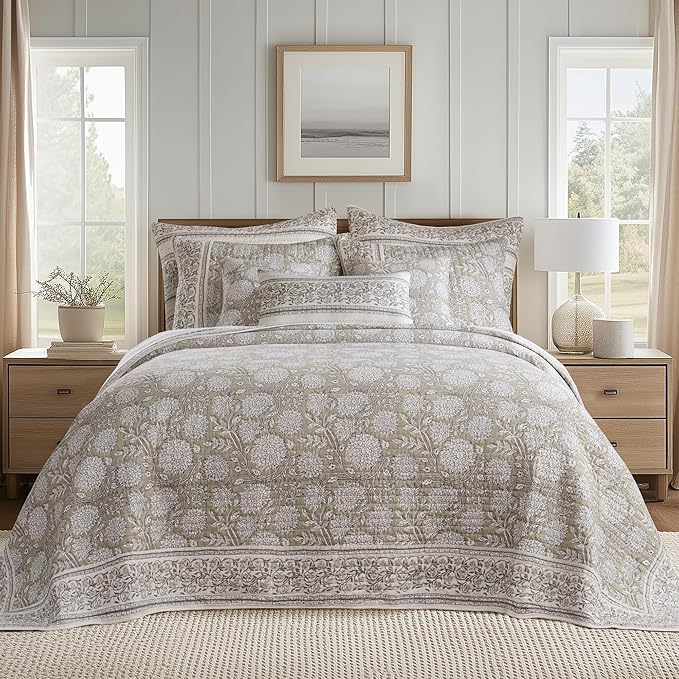 Levtex Home – Adare Taupe Bedspread Set – King Bedspread (120x106in.) and 2 King Shams (20x36in.) – Floral Botanical Design – Taupe and White – Reversible – Cotton