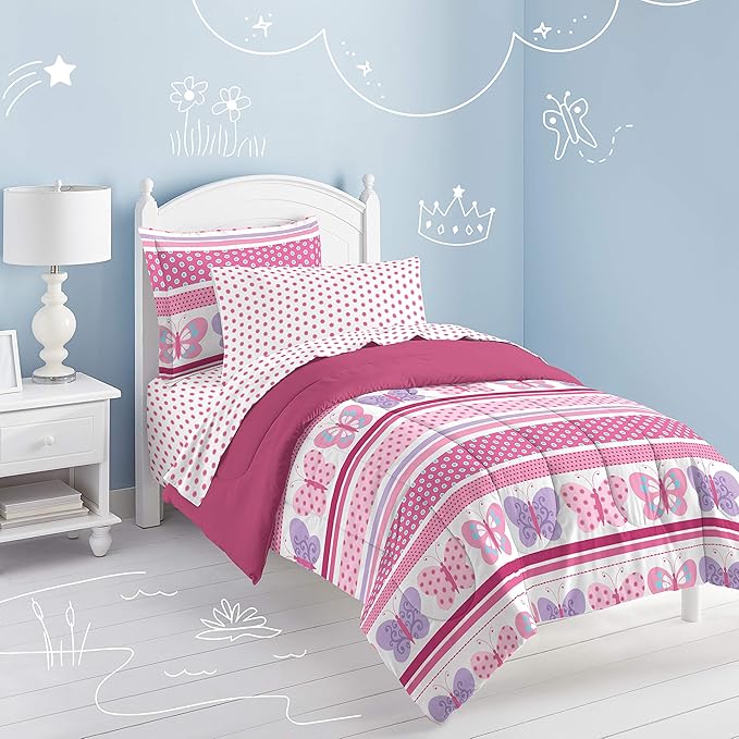 Dream Factory Butterfly Dots Ultra Soft Microfiber Girls Comforter Set, Pink, Full
