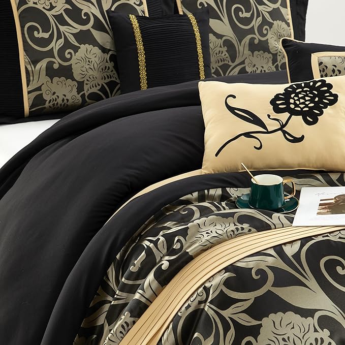 Grand Avenue Jacquard Floral Comforter Set, 7 Pieces King Black Bedding Set, Matching Pillows & Shams, Bed Skirt, Ultra-Soft, Lightweight Microfiber