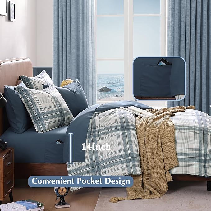 Plaid Queen Comforter Set, Blue Grey Bedding Set 7 Piece for Boys Girls Teen, Classic Homestead-Style Kids Comforter Set Bed in A Bag with Sheets, Pillowcases & Shams