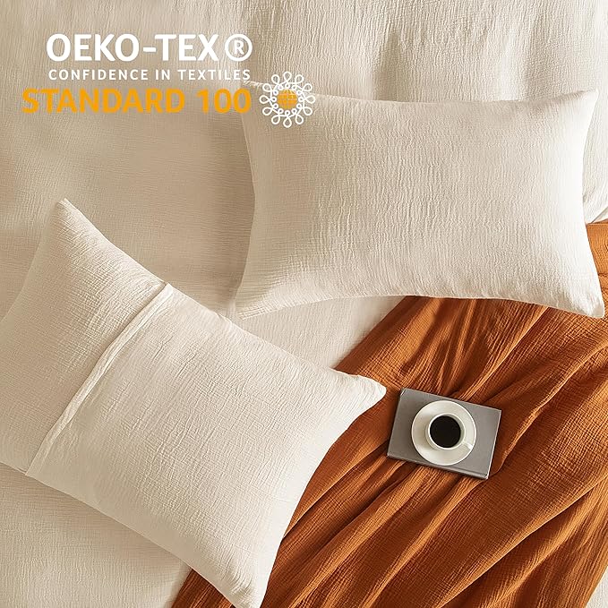 SE SOFTEXLY Muslin Duvet Cover King Size, 100% Washed Cotton Duvet Cover Set, Ultra Soft Comforter Cover Linen Like, 3 Pieces Minimalist Gauze Duvet Cover with 2 Pillowcases, 90"x104", Off-White