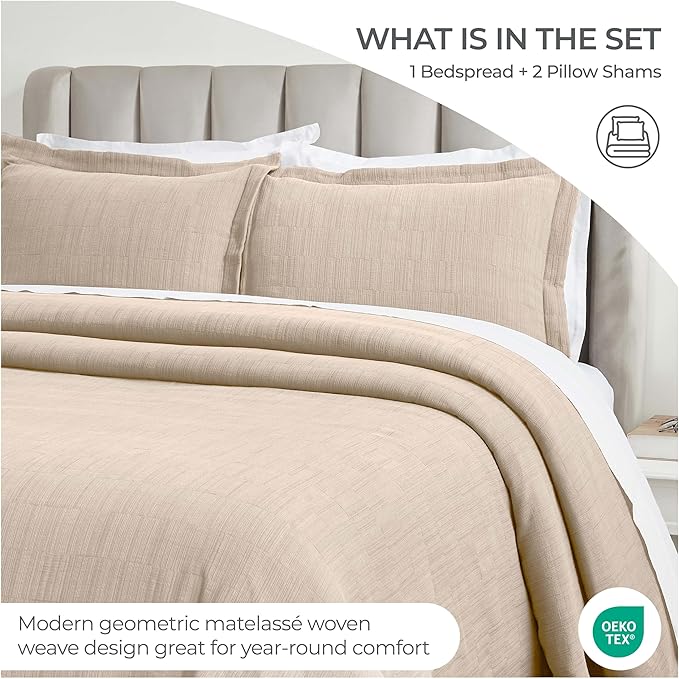Superior 3 Piece Cotton Bedspread and Sham Set, Home Bed Decor, Decorative Bed Spread, 2 Pillow Shams, Medium Weight, Textured Matelasse Coverlet Bedding, Zenith Collection, California King, Beige