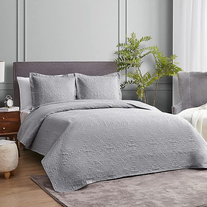 Hansleep Grey Quilt California King Size - Baroque Ultrasonic Summer Bedspread California King, Soft Lightweight Coverlet Bedding Set, 3 Pieces (1 Quilt, 2 Pillow Shams)