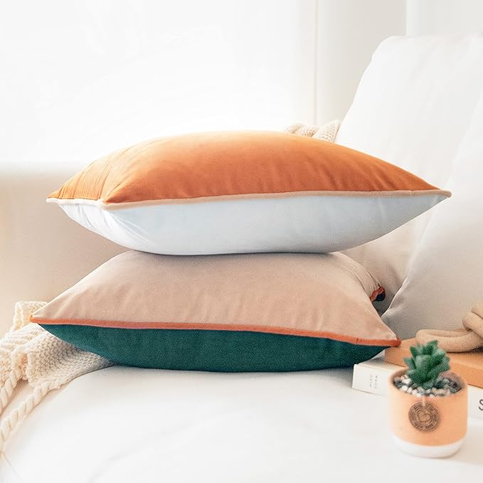 MONDAY MOOSE Decorative Throw Pillow Covers Cushion Cases, Set of 2 Soft Velvet Modern Double-Sided Designs, Mix and Match for Home Decor, Pillow Inserts Not Included (20x20 inch, Orange/Green)