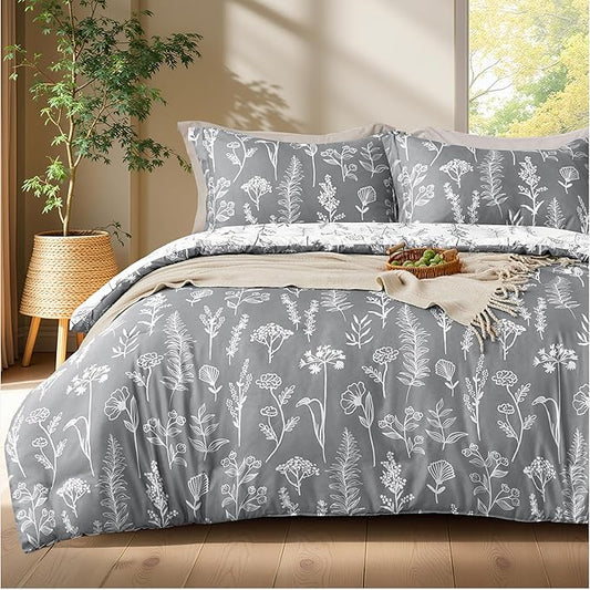 Joiedomi Queen Comforter Set Grey, 3 Pieces Floral Queen Bedding Set with 1 Soft Reversible Botanical Comforter and 2 Pillow Shams, Bed in a Bag for All Seasons