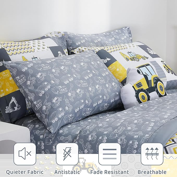 Mooreeke Kids Twin Comforter Sets for Boys 6 Pieces Yellow Excavator Bedding Set for Teens Microfiber Kids Bed in A Bag with Comforter, Sheet Set, Shams and Decorative Toy Pillow All Season