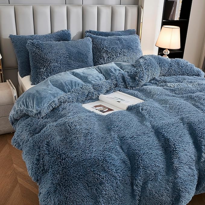 Uhamho Faux Fur Velvet Fluffy Bedding Duvet Cover Set Down Comforter Quilt Cover with Pillow Shams, Ultra Soft Warm and Luxury (King, Dusty Blue)