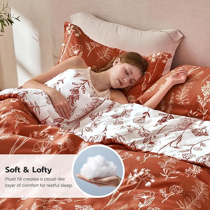 Joiedomi California King Comforter Set Terracotta, 3 Pieces Floral California King Bedding Set with 1 Soft Reversible Botanical Comforter and 2 Pillow Shams, Bed in a Bag for All Seasons