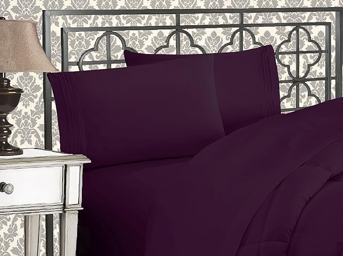 Elegant Comfort 1500 Premier Wrinkle & Fade Resistant Hotel Quality Ultra Soft Luxurious 4-Piece Bed Sheet Set with Deep Pockets, Queen Purple