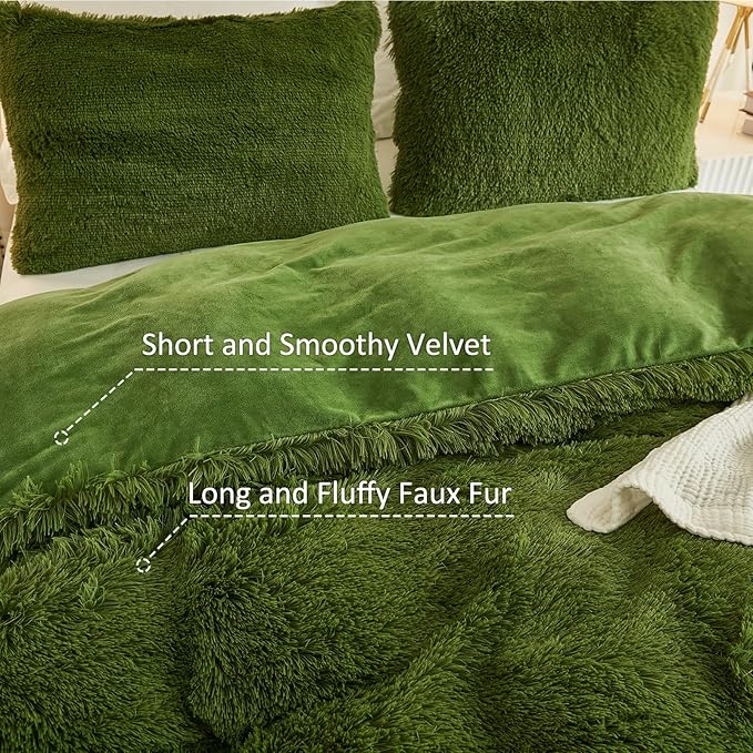 EMME Luxury Green Fuzzy Duvet Cover Set King Size 3 Pieces Fluffy Comforter Cover Set for King Bed Shaggy and Plush Soft Bedding Duvet Covers (Green, King)