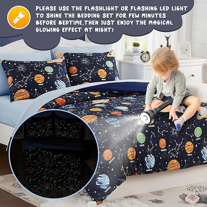 Full Kids Comforter Set - 7 Pieces Full Bedding Sets for Boys Teen, Glow in The Dark Space Bed in A Bag with Sheets