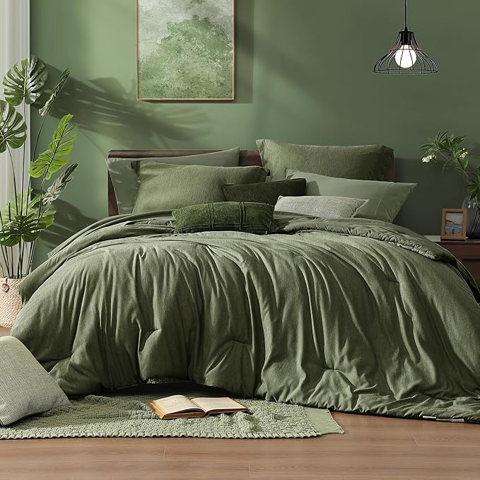 Monbix Super King Plus Size Comforter Set - 7 Pieces Cationic Dyeing Olive Green Bed in a Bag Bedding Sets with Comforter, Sheets, Pillowcases & Shams, Reversible Bedding Comforters Sets