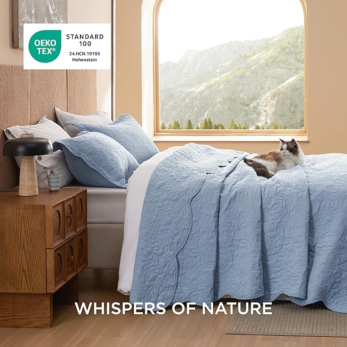 Bedsure Quilts Queen Size - Ultra Soft Pre-Washed Cloud-Like Bedding, All-Season Lightweight Comforter for Country Bedroom, Leaf Design Coverlet in Mineral Blue, 90 x 96 Inches