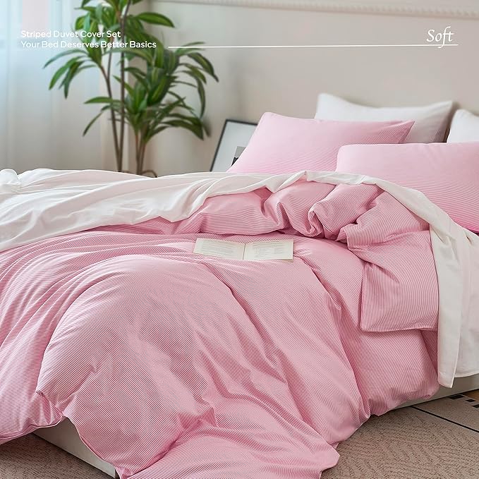 JELLYMONI 100% Natural Cotton 3pcs Striped Duvet Cover Sets,White with Pink Stripes Pattern Printed Comforter Cover,with Zipper Closure & Corner Ties(Full Size)