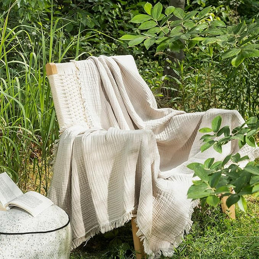 MooMee Muslin Blanket - 100% Cotton 4-Layer Gauze Throw Blanket with All-Around Fringe, Ultra-Soft Breathable Lightweight Cooling Decorative for Bed, Sofa & Couch (Cream Grey,Twin XL 66" x 90")