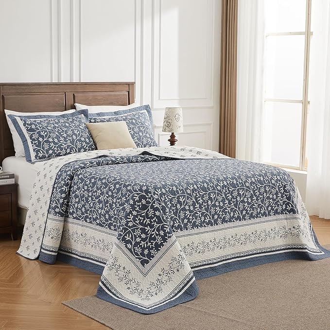 Oversized Queen Bedspread Set - 100% Cotton Lightweight Quilted Coverlet - Soft Reversible Bedding, Botanical Floral Design - Includes 1 Bedspread (102x120) & 2 Pillow Shams - Grayish-Blue