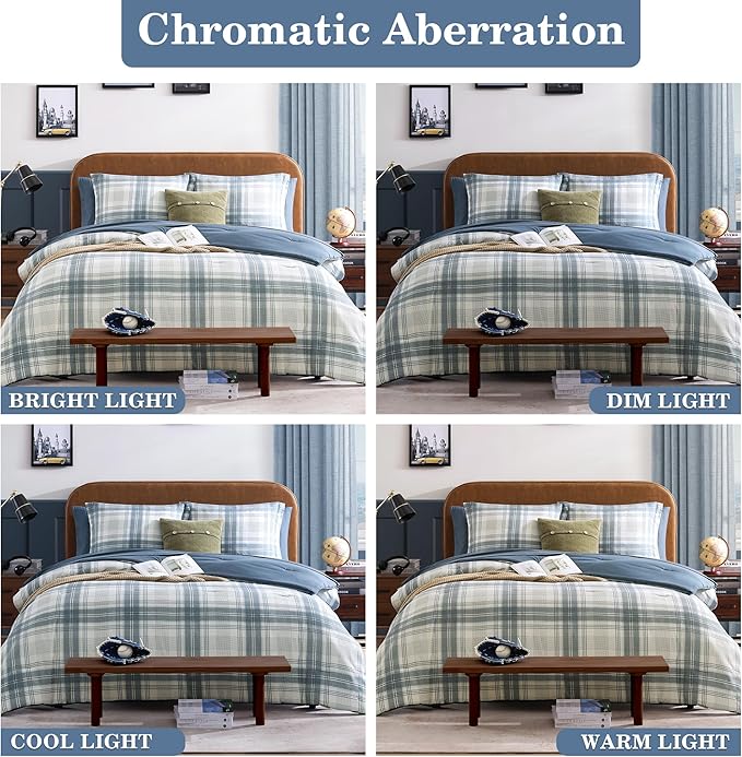 Full Size Comforter Sets, Blue Grey Plaid Bedding Set 7 Piece for Boys Girls Teen, Classic Homestead-Style Kids Comforter Set Bed in A Bag with Sheets, Pillowcases & Shams