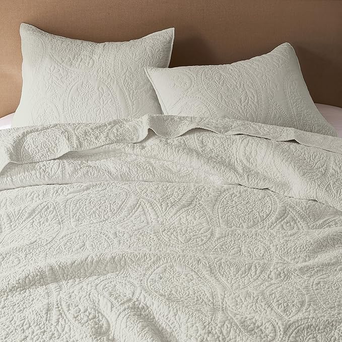 palassio Beige Paisley 100% Cotton Quilt King Size Bedding Sets with 2 Pillow Shams, Boho Floral Lightweight Farmhouse Country Vintage Soft Bedspread Shabby Chic Coverlet for All Season, 3 Pieces