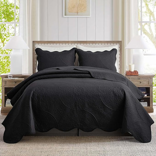 IR Imperial Rooms King Quilt Bedding Set Size (106" x 96") + 2 Pillow Shams (20" x 36"+ 2") - 3 Pcs All Season Lightweight Reversible Microfiber Coverlet Floral Embossed Quilt Bedspread (Black)