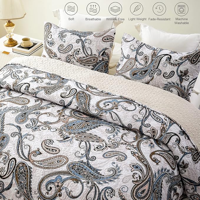 Whale Flotilla Reversible Printed Quilts Queen Size, Extra Soft Boho Paisley Floral Bedspreads for Bed Lightweight Full Queen Quilt Bedding Set Coverlets with 2 Pillow Shams for All Seasons, Bone Grey