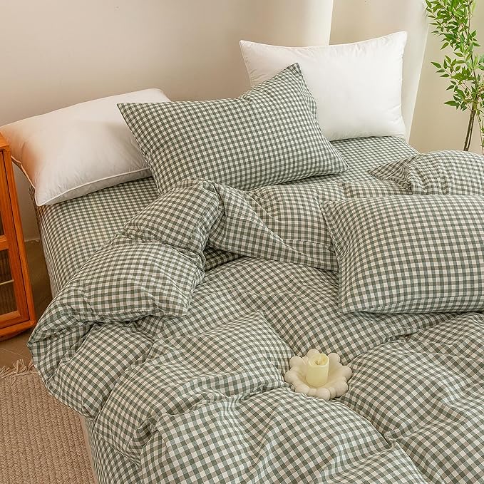 ECOCOTT Green Gingham Duvet Cover King Size 100% Washed Cotton Like Linen Feel Super Soft & Comfy Bedding Set Modern Checkered Design for All Seasons