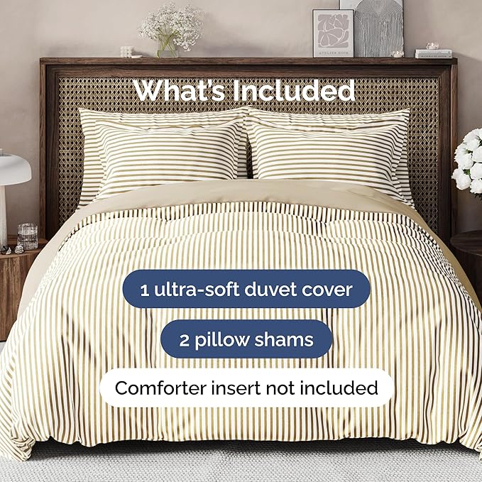 Duvet Cover Cal King Size - Extra Soft Cal King Size Duvet Cover - Breathable, Easy Care and Fade Free with Zipper Closures & Ties - 104" x 98" Inches - (Beige Stripes 2) Comforter Not Included