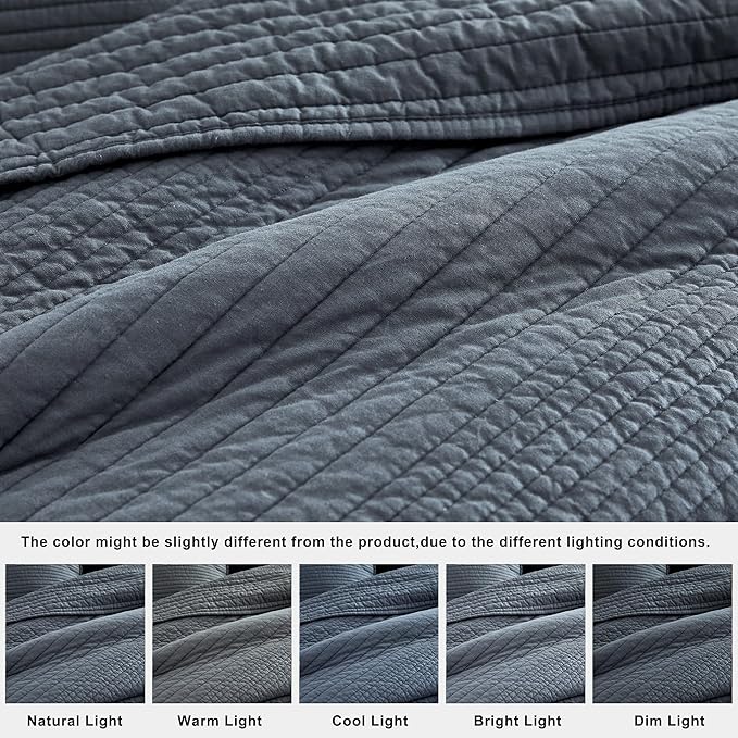 palassio Striped Blue Grey 100% Cotton Quilt Queen Size Bedding Sets, Lightweight Crinkly Channel Pick Stitch Textured Bedspread Soft Shabby Chic Farmhouse Country Coverlet for All Season, 2 Shams