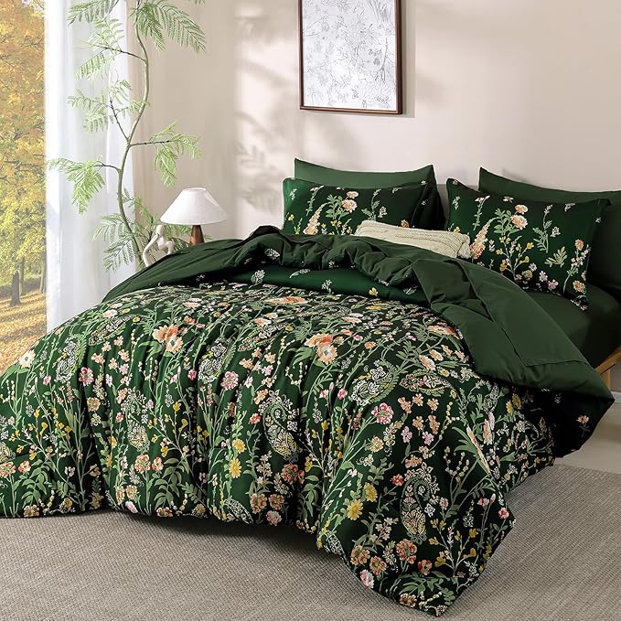 Yiran Comforter Set King Size Dark Green, 7 Piece Floral Flowers Comforter Bedding Set, Bed in a Bag King, Soft Microfiber Complete Bedding Set with Sheets for All Season