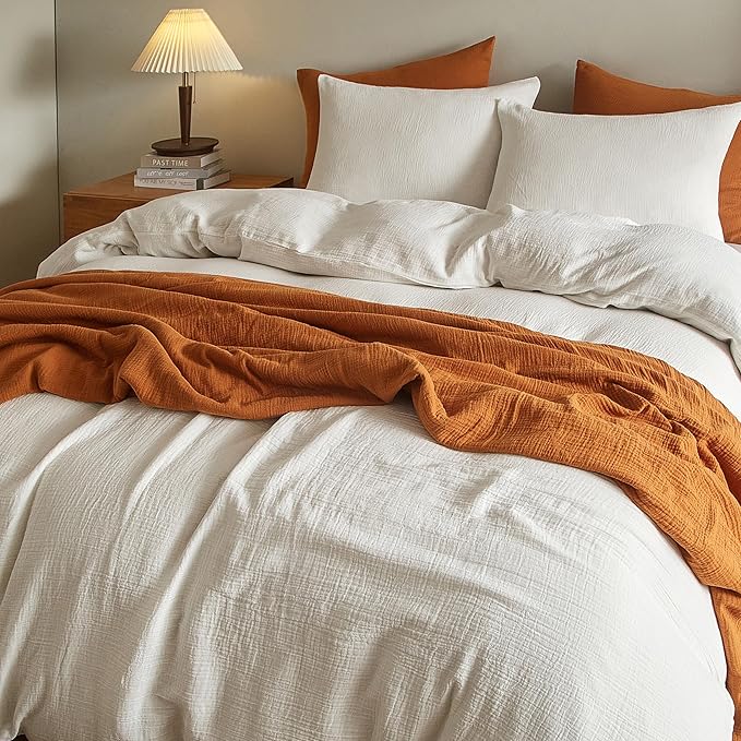 SE SOFTEXLY Muslin Duvet Cover Twin Size, 100% Washed Cotton Duvet Cover Set, Ultra Soft Comforter Cover Linen Like, 2 Pieces Minimalist Gauze Duvet Cover with 1 Pillowcase, 68"x90", White