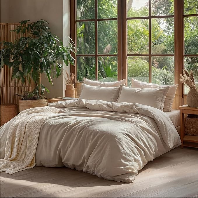 Bedsure 100% Washed Cotton Duvet Cover Cal King - Frosted Almond Minimalist Cotton Duvet Cover Linen Like - GentleSoft™ Plain Simple Bedding (Frosted Almond, California King, 104"x98")