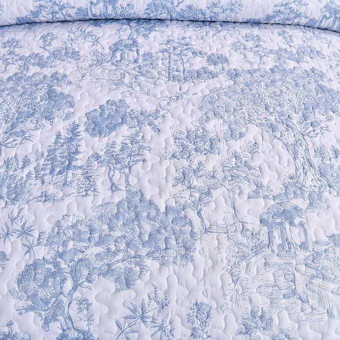 WONGS BEDDING Blue Quilt Set Queen Size, 3 Pieces Botanical Bedspreads Set Lightweight Microfiber Blue Toile Plants Pattern Coverlet Home Decor for All Seasons(96"×90")