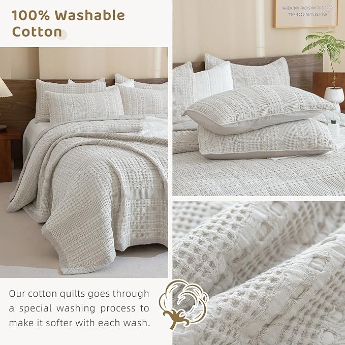 Sanracie Cotton Quilt Set King Size(110"x98"), Khaki Waffle Quilted Bedspread Sets,3Pcs Soft Lightweight King Quilt Bedding Set,Farmhouse Coverlet Quilt Set Shabby Vintage Chic Bedding Set