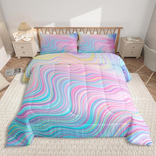 Feelyou Girls Pink Comforter Set Twin Size Kids Rainbow Stripe Bedding Set for Boys Teens Women Die Tye Comforter Breathable Geometric Duvet Princess Decor Quilt,1 Comforter with 1 Pillowcase