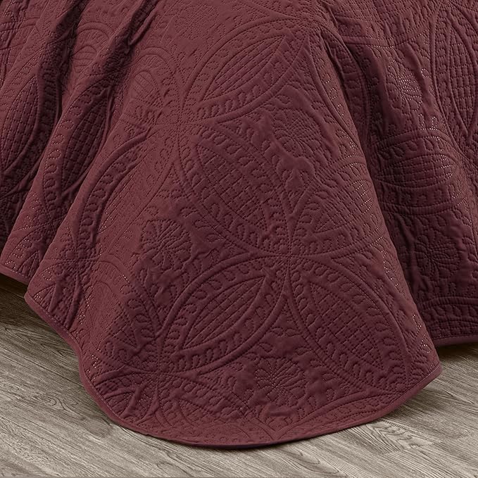 Chezmoi Collection Austin 3-Piece Oversized Bedspread Coverlet Set (Queen, Burgundy)