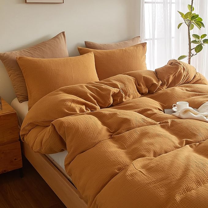 SE SOFTEXLY Muslin Duvet Cover King Size, 100% Washed Cotton Duvet Cover Set, Ultra Soft Comforter Cover Linen Like, 3 Pieces Minimalist Gauze Duvet Cover with 2 Pillowcases, 90"x104", Pumpkin