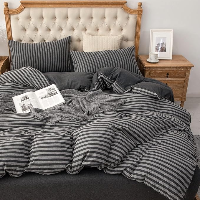 PURE ERA Jersey Knit Duvet Cover Set 100% T-Shirt Heather Cotton Super Soft Comfy Classic Striped Design, with Zipper Closure, Charcoal Dark Grey Stripe, Twin